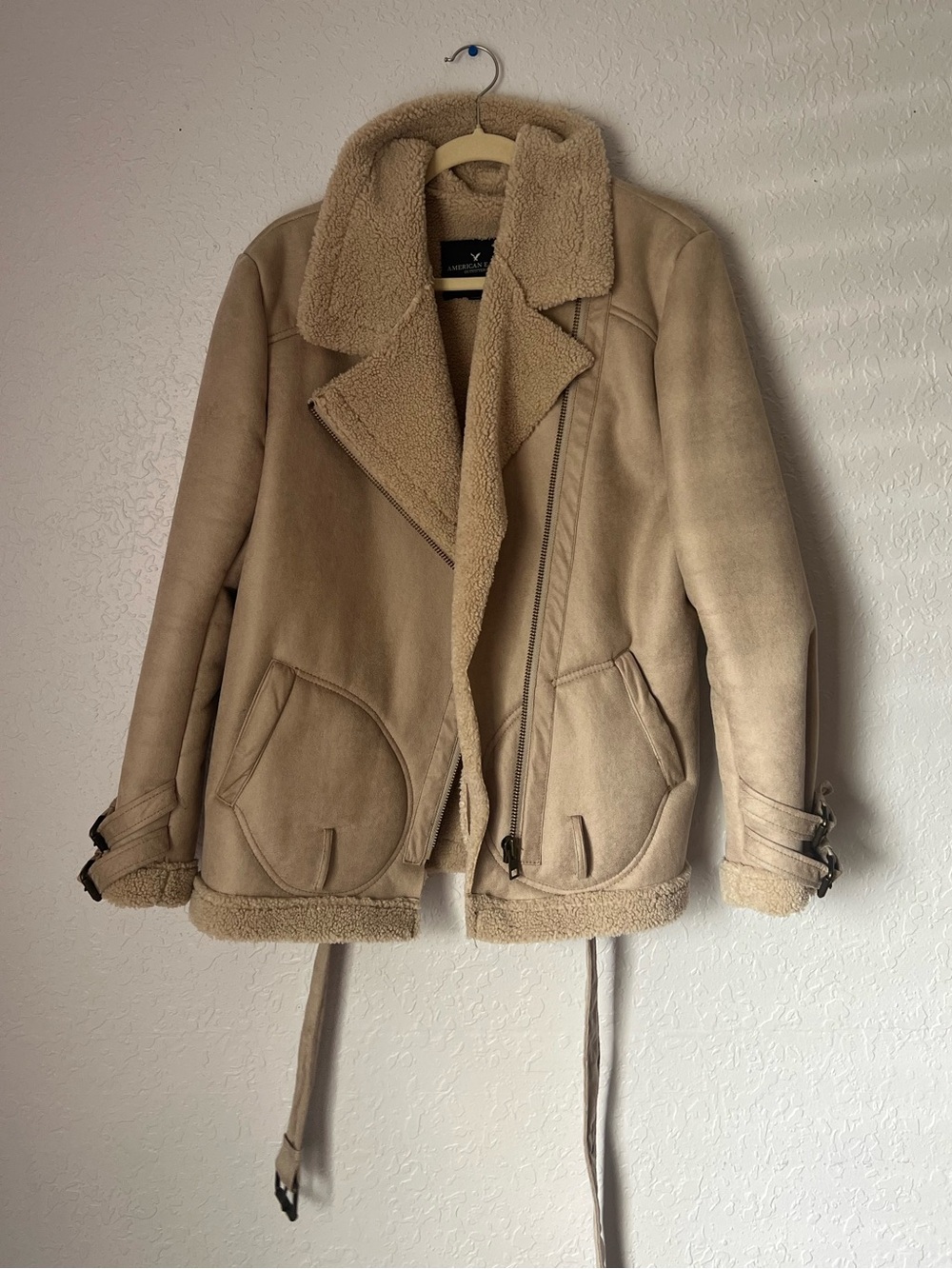 American Eagle Outfitters Beige Shearling Aviator Jacket